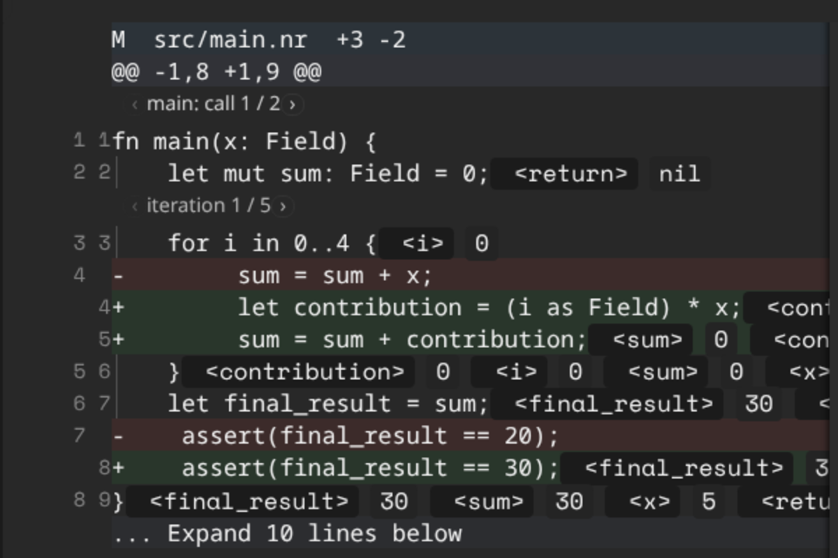 The diff tab: the invocation stepper, the loop-iteration stepper, per-line flow shading, inline value chips and the context-expansion control