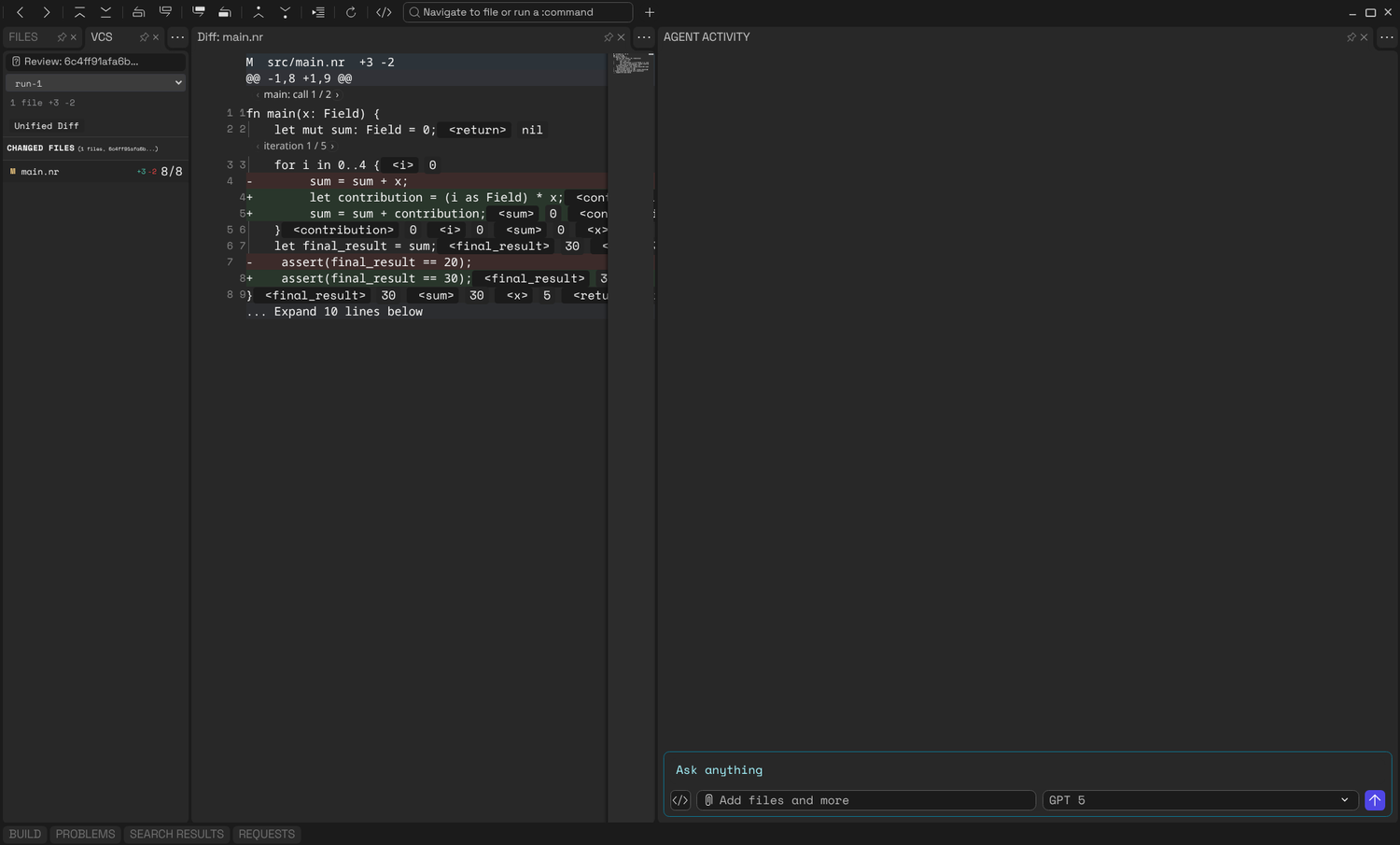 A DeepReview window: the VCS panel with the changed file and its coverage badge, the diff tab with the flow overlay, and the Agent Activity panel