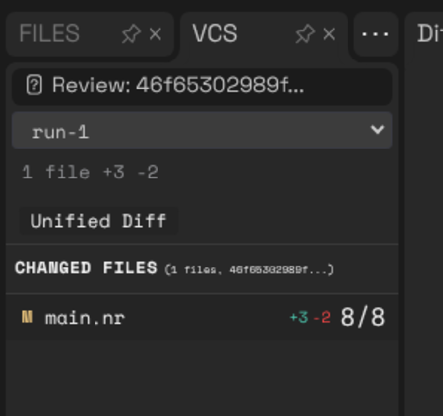 The VCS panel in a review: the Review header with the commit id, the trace-context selector, the file totals, the Unified Diff toggle, and the changed-file row with its coverage badge